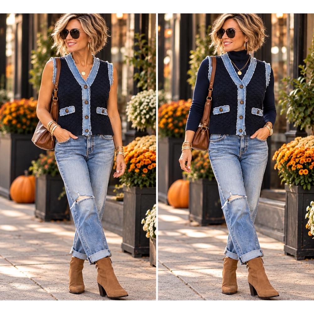 Forte NWT Navy Sweater Vest Women Small Denim Trim Trendy Layering